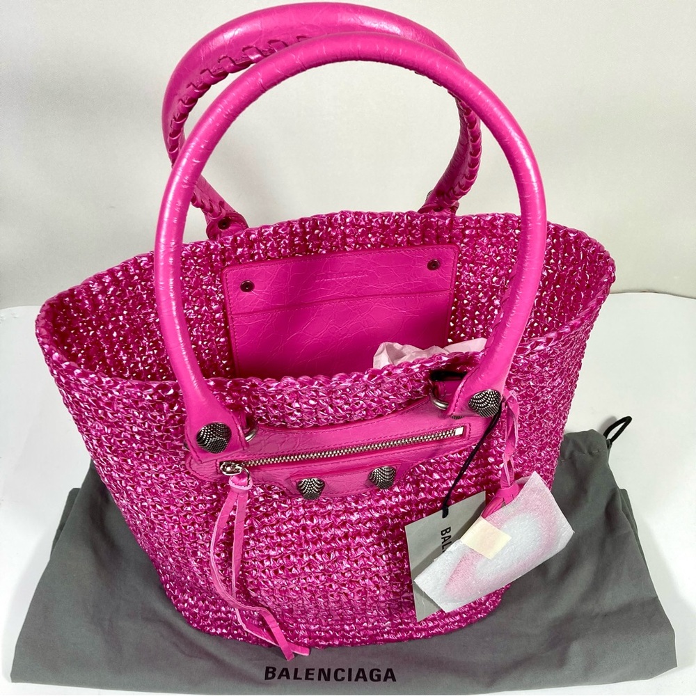 Balenciaga Small Le Cagole Nylon Raffia Tote Pink NWT Summer Resort Party - Picture 14 of 17